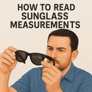 A light-skinned man in his mid-30s with short dark brown hair and a trimmed beard is carefully examining a pair of black Wayfarer sunglasses. He holds the sunglasses with both hands, focusing intently on the engraved measurements "56 □ 18 145" printed on the inside of the left temple arm. The man is wearing a light blue button-up shirt, and the background features the bold black text: "HOW TO READ SUNGLASS MEASUREMENTS."