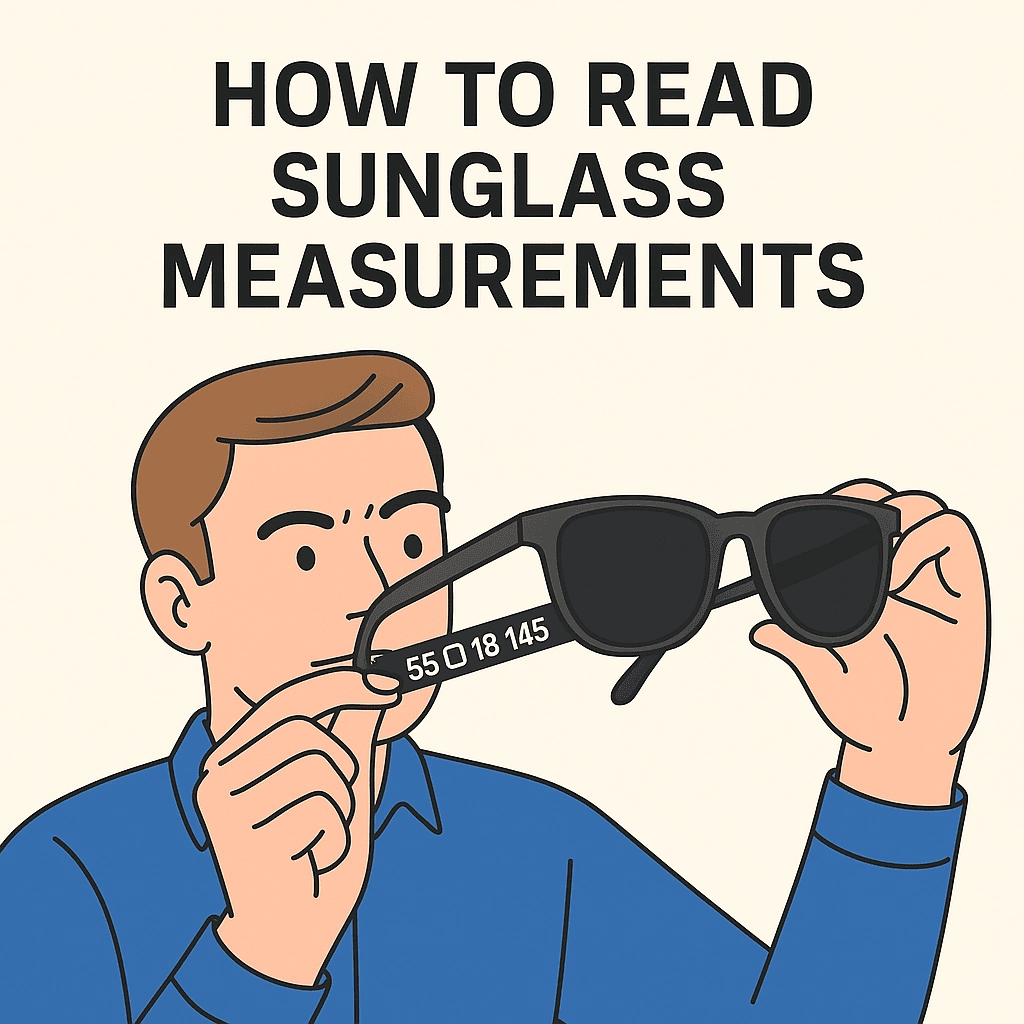 A light-skinned man in a blue shirt is closely examining a pair of black wayfarer-style sunglasses. He is holding the sunglasses with both hands, focusing on the measurement numbers "55 □ 18 145" printed on the inside of the left temple arm. Bold black text above reads "HOW TO READ SUNGLASS MEASUREMENTS."