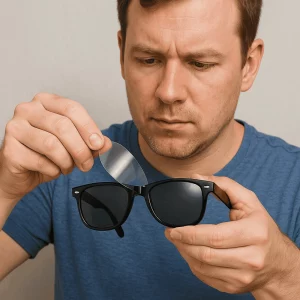 A focused man in a blue shirt holds black Wayfarer sunglasses in one hand while peeling away a clear polarized film layer from the lens with the other, against a neutral background.