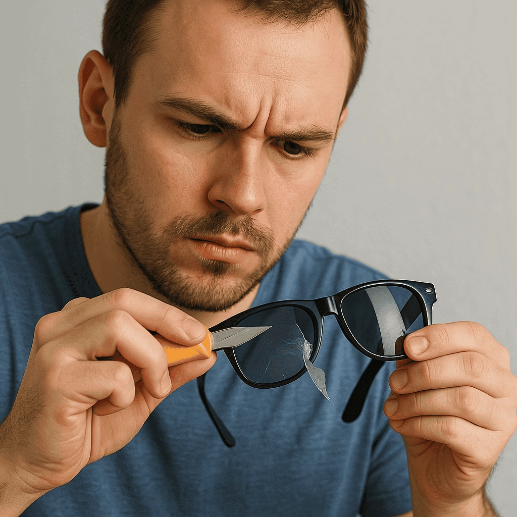 A focused light-skinned man in his late twenties uses a small plastic knife to peel polarized film from a pair of black Wayfarer sunglasses against a plain gray background.