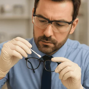 A professional male optician wearing gloves uses a cotton swab to gently remove super glue residue from a black eyeglass frame against a softly blurred optical lab background.