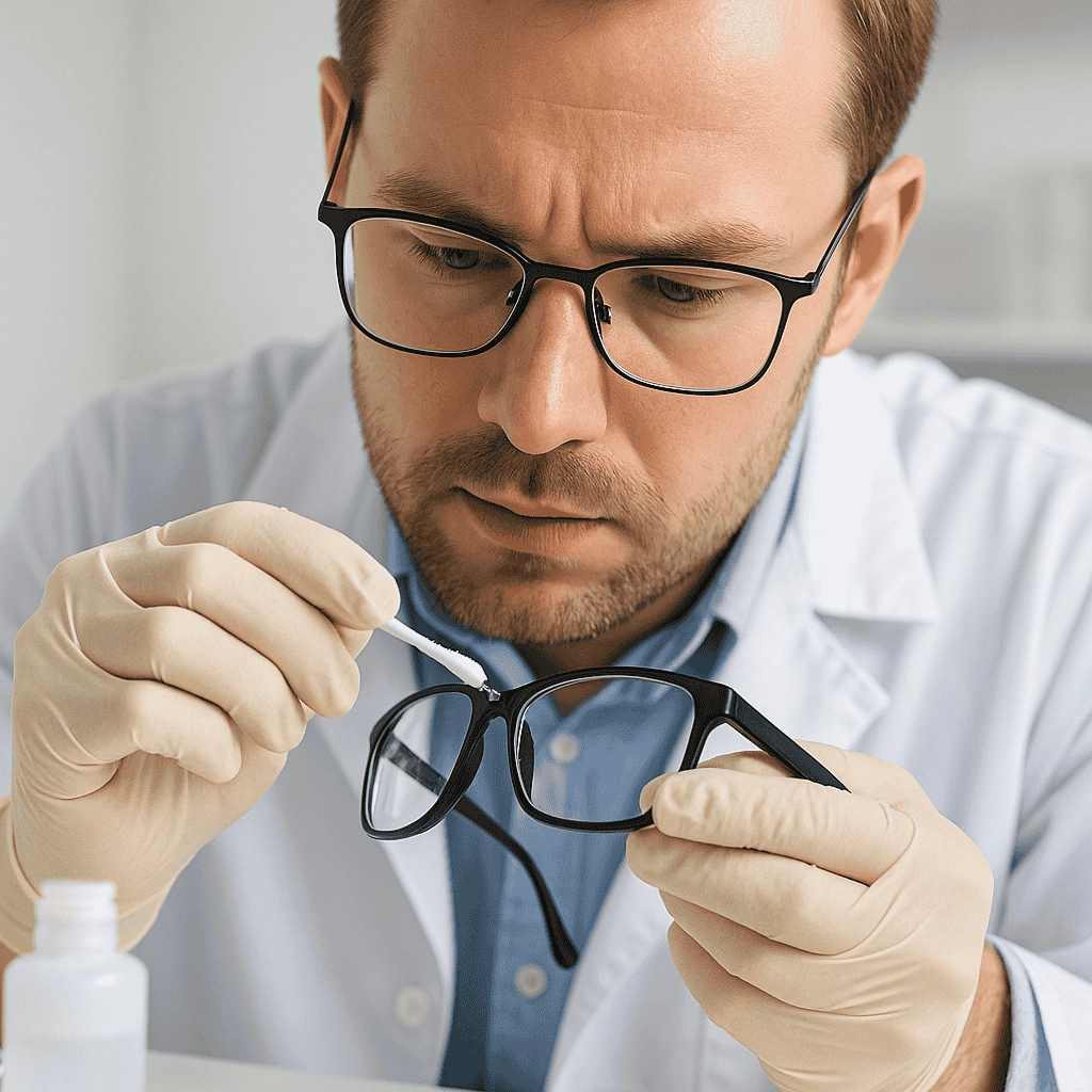 A focused eyewear technician in a white lab coat and gloves uses a cotton swab to gently remove super glue from the bridge of a black eyeglass frame in a clean, well-lit optical workshop.