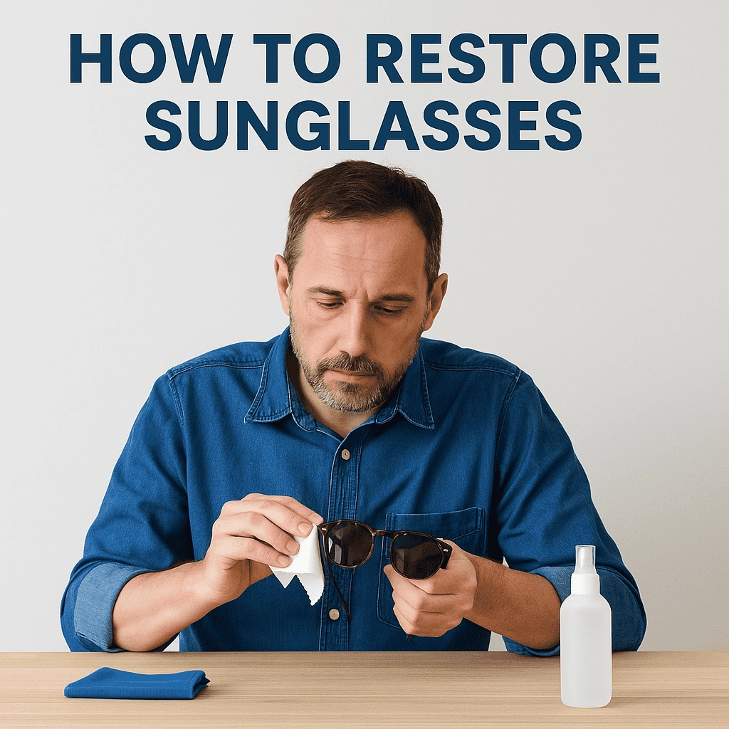 A middle-aged man in a denim shirt is sitting at a wooden table, carefully polishing a pair of tortoiseshell sunglasses with a white microfiber cloth. A blue cleaning cloth and a white spray bottle are placed on the table. The background is a plain light-colored wall, and bold text above reads "HOW TO RESTORE SUNGLASSES."