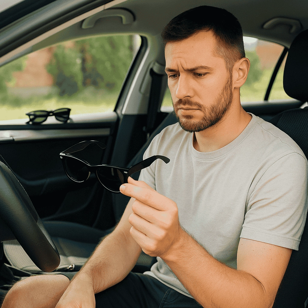 A young man with light skin and short dark hair sits in the driver’s seat of a parked car, examining a pair of black wayfarer-style sunglasses with a concerned expression. Another pair of sunglasses rests on the dashboard, and natural sunlight streams through the windshield, highlighting the car's interior details.