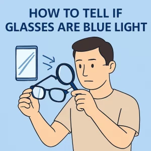A digital illustration showing a light-skinned man with short brown hair inspecting his glasses while holding a magnifying glass. The background is soft blue, and there are blue arrows pointing to the glasses and a phone, indicating how to tell if the glasses block blue light. The design uses minimal shading and a limited color palette of blue, beige, black, and white. The title at the top reads "How to Tell If Glasses Are Blue Light".