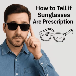 A close-up portrait of a light-skinned Caucasian man with dark brown hair, wearing thick black prescription sunglasses. He has a thoughtful, curious expression as he adjusts the glasses with one hand. Next to him is an illustration of sunglasses featuring a '+1.00' prescription with bold text reading, 'How to Tell if Sunglasses Are Prescription'.