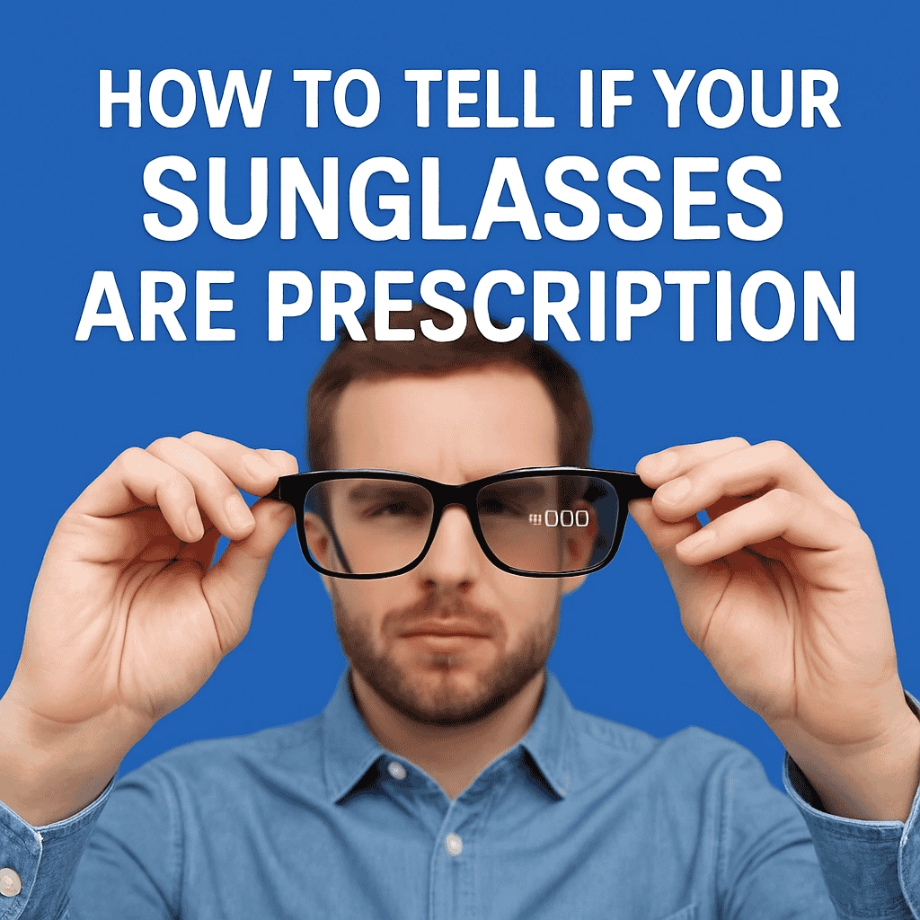 A Caucasian man wearing a light blue shirt, holding sunglasses in front of his face with a focused expression. The bold text 'HOW TO TELL IF YOUR SUNGLASSES ARE PRESCRIPTION' overlays the top against a blue background.