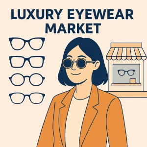 A digital illustration featuring a young woman with black shoulder-length hair, wearing golden-rimmed sunglasses and a stylish orange jacket. The background shows an elegant eyewear shop and several eyeglass designs, with bold text reading 'LUXURY EYEWEAR MARKET' at the top. The overall color scheme is a harmonious mix of orange, navy, beige, and white.