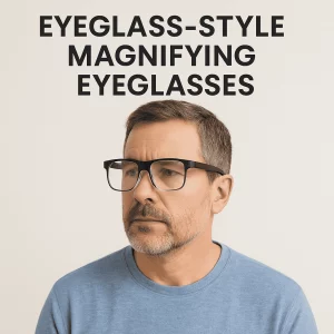 A middle-aged man with short, salt-and-pepper hair and a trimmed beard, wearing black magnifying eyeglasses and a light blue crewneck shirt. He has a focused expression, and the image features bold text above him that reads 'Eyeglass-Style Magnifying Eyeglasses.' The background is a neutral off-white.