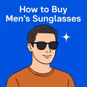 A digital illustration of a young man wearing classic wayfarer sunglasses with black frames and an orange T-shirt. The background is solid blue, with the title "How to Buy Men's Sunglasses" displayed above him in white text. A white starburst symbol is positioned next to the man.
