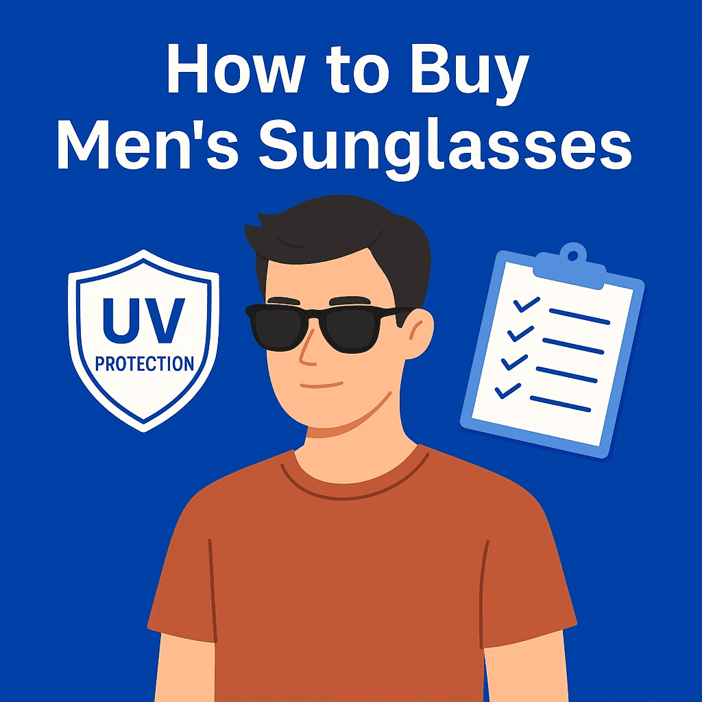A digital illustration featuring a young man wearing black wayfarer sunglasses and an orange-brown T-shirt. He stands against a solid blue background with a UV protection shield and a checklist next to him. The title "How to Buy Men's Sunglasses" is displayed in bold white letters.