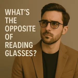 A fashionable young man with short dark hair and a neatly groomed beard wears black-rimmed glasses and a camel-colored blazer over a black shirt. He looks slightly upward with a thoughtful expression. The background is a warm beige tone, and bold white text on the left reads: “What’s the Opposite of Reading Glasses?”