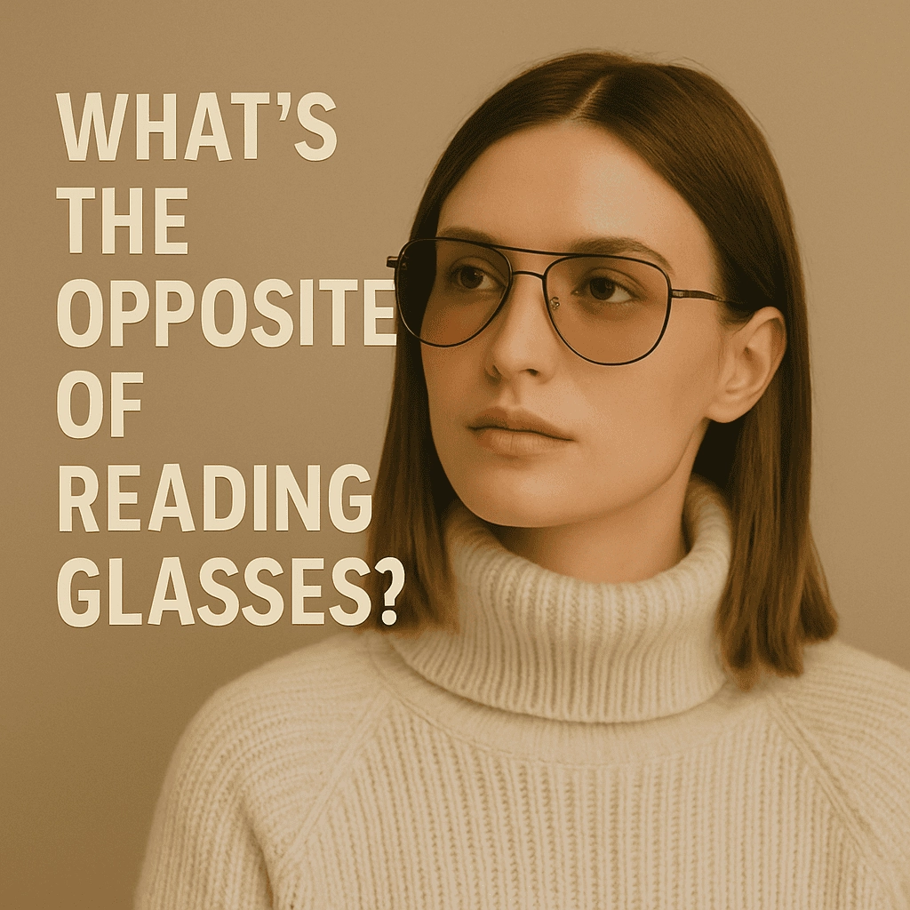 A fashionable young woman with straight brown hair wears large aviator-style glasses with brown-tinted lenses and a double bridge. She has a calm, thoughtful expression and is dressed in a cozy cream-colored turtleneck sweater. The background is soft beige, and off-white text on the left side reads: “What’s the Opposite of Reading Glasses?”