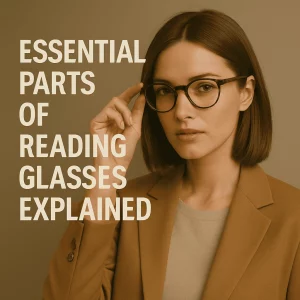 A stylish young woman with straight, shoulder-length brown hair adjusts her black reading glasses with a confident expression. She is dressed in a camel-colored blazer over a light beige top, standing against a soft brown background. Bold cream-colored text on the left reads: “Essential Parts of Reading Glasses Explained.”