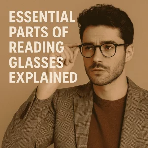A stylish young man with short dark hair and a well-groomed beard adjusts his black reading glasses with a focused expression. He is wearing a brown houndstooth blazer over a rust-colored sweater, standing against a warm beige background. Bold off-white text on the left reads: “Essential Parts of Reading Glasses Explained.”