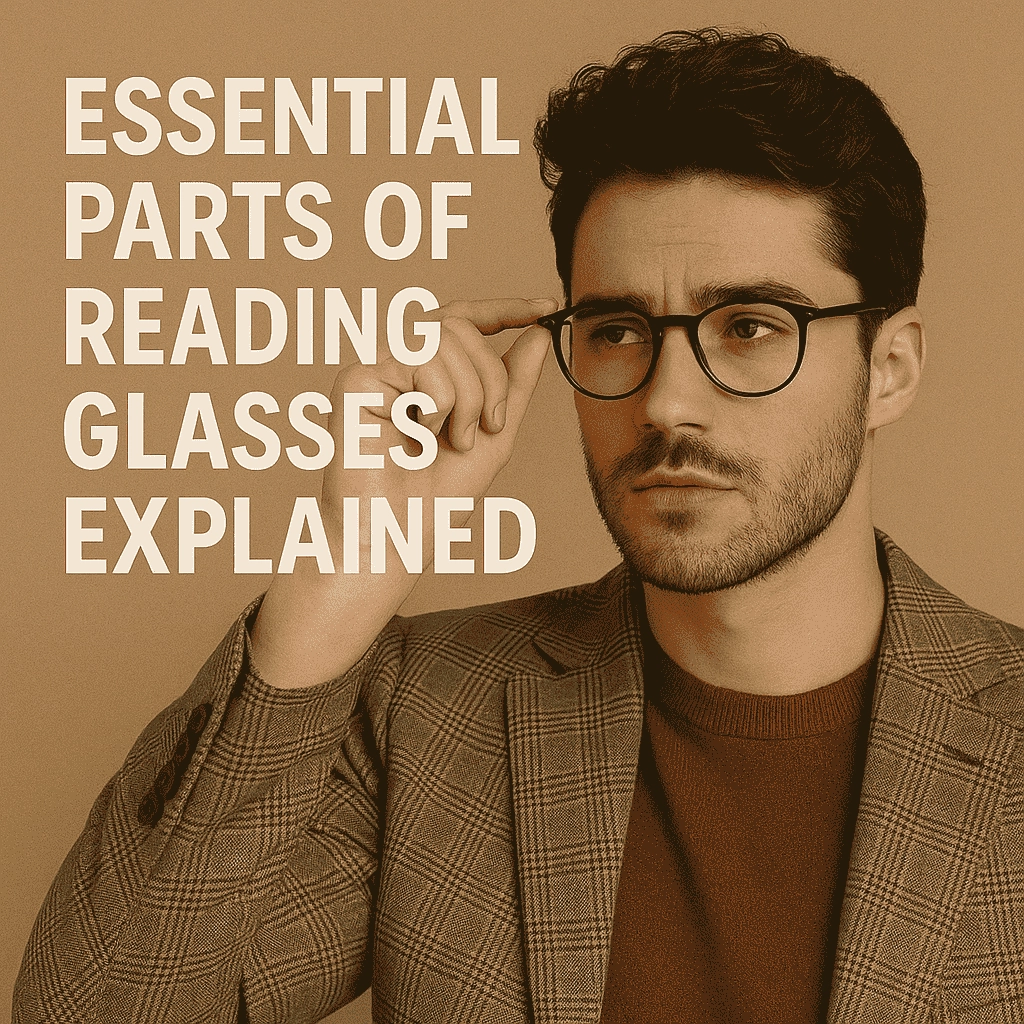 A stylish young man with short dark hair and a well-groomed beard adjusts his black reading glasses with a focused expression. He is wearing a brown houndstooth blazer over a rust-colored sweater, standing against a warm beige background. Bold off-white text on the left reads: “Essential Parts of Reading Glasses Explained.”