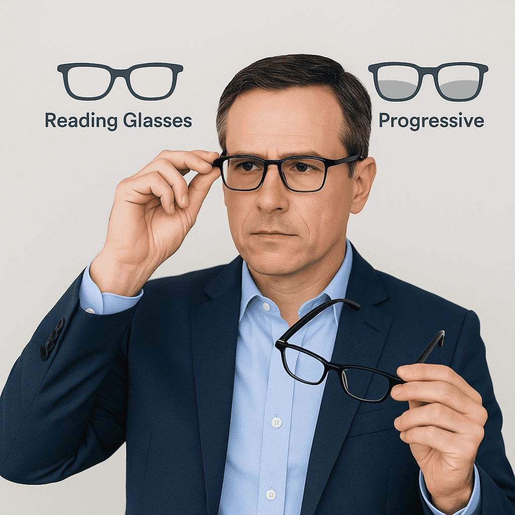 A middle-aged professional man in a navy suit and light blue shirt holds a pair of reading glasses in one hand while adjusting a pair of progressive lenses on his face, with simple icons labeled “Reading Glasses” and “Progressive” positioned above his shoulders against a neutral background.