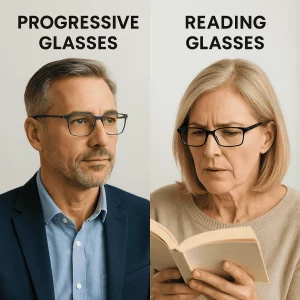A side-by-side portrait of two professionals on a neutral background: on the left, a middle-aged man in a suit wearing slim metal-frame progressive glasses looking thoughtfully into the distance; on the right, a middle-aged woman wearing black plastic reading glasses focused on reading a book.
