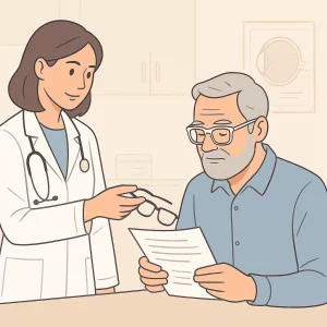 A digital illustration showing an elderly man seated in an ophthalmologist’s office, receiving temporary reading glasses from a female ophthalmologist after cataract surgery. The scene is minimalistic, with soft hues like blues, beige, and white, capturing a calm and focused interaction in a professional medical environment.