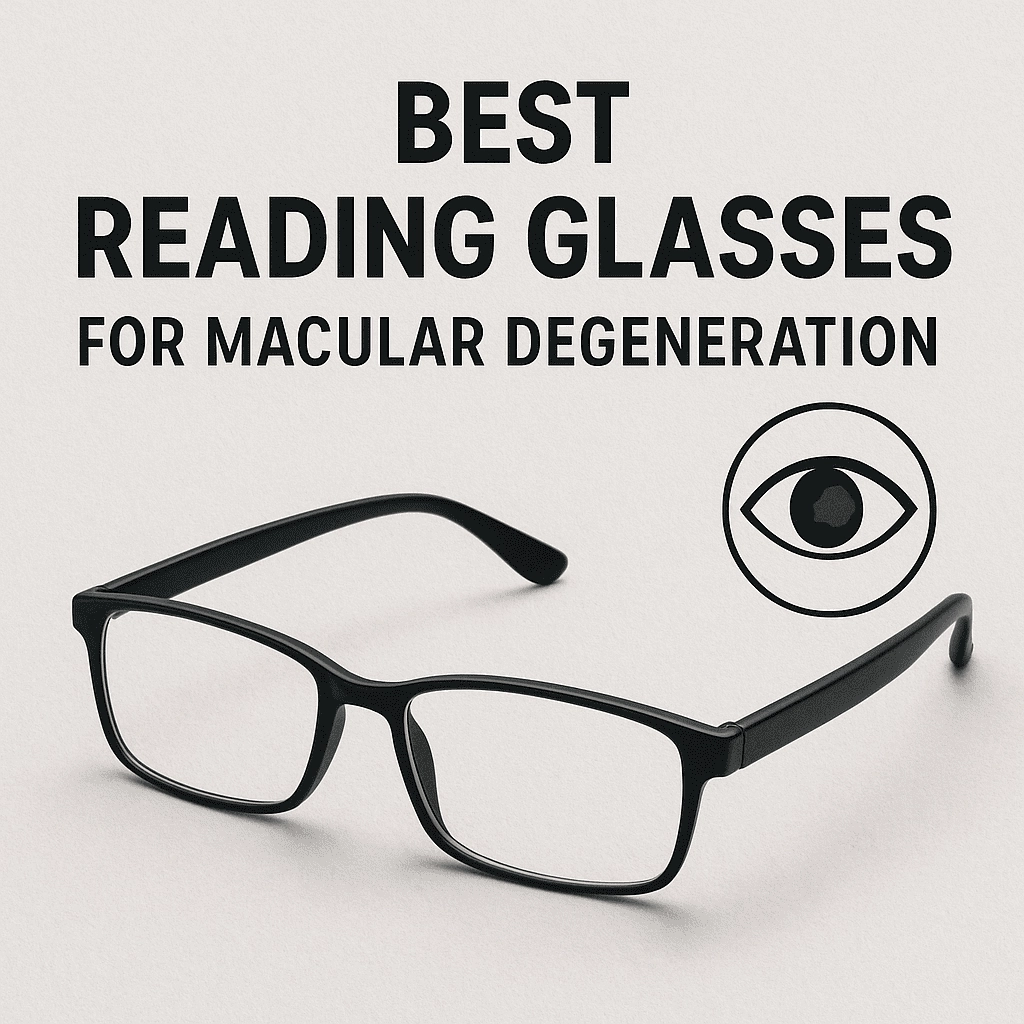 A promotional graphic featuring black reading glasses placed on a light beige background. Bold text above the glasses reads “Best Reading Glasses for Macular Degeneration,” and a simple eye icon with a shaded central area, symbolizing macular degeneration, appears on the right side.