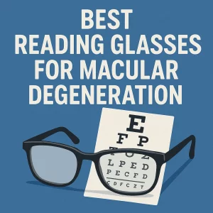 A promotional digital graphic design features the text "Best Reading Glasses for Macular Degeneration" in bold white letters on a blue background. Below the text, a pair of black rectangular reading glasses is shown resting in front of a Snellen eye chart, symbolizing vision care and eye health.