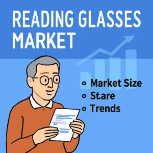 The image is a flat-style digital illustration showing a man in orange-brown attire, wearing glasses, and holding a document while focusing on it. The background features a blue color with an upward graph symbolizing growth. Text on the left side reads "Reading Glasses Market" with bullet points listing "Market Size," "Share," and "Trends."