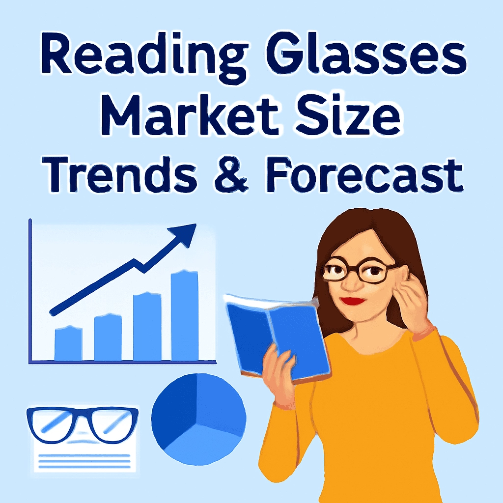 The image is a digital illustration showing a woman in mustard-yellow attire adjusting her reading glasses while holding a book. In the background, there are bar and pie charts along with bullet points, all surrounded by market data related to the reading glasses industry. The title "Reading Glasses Market Size, Trends & Forecast" is prominently displayed at the top.