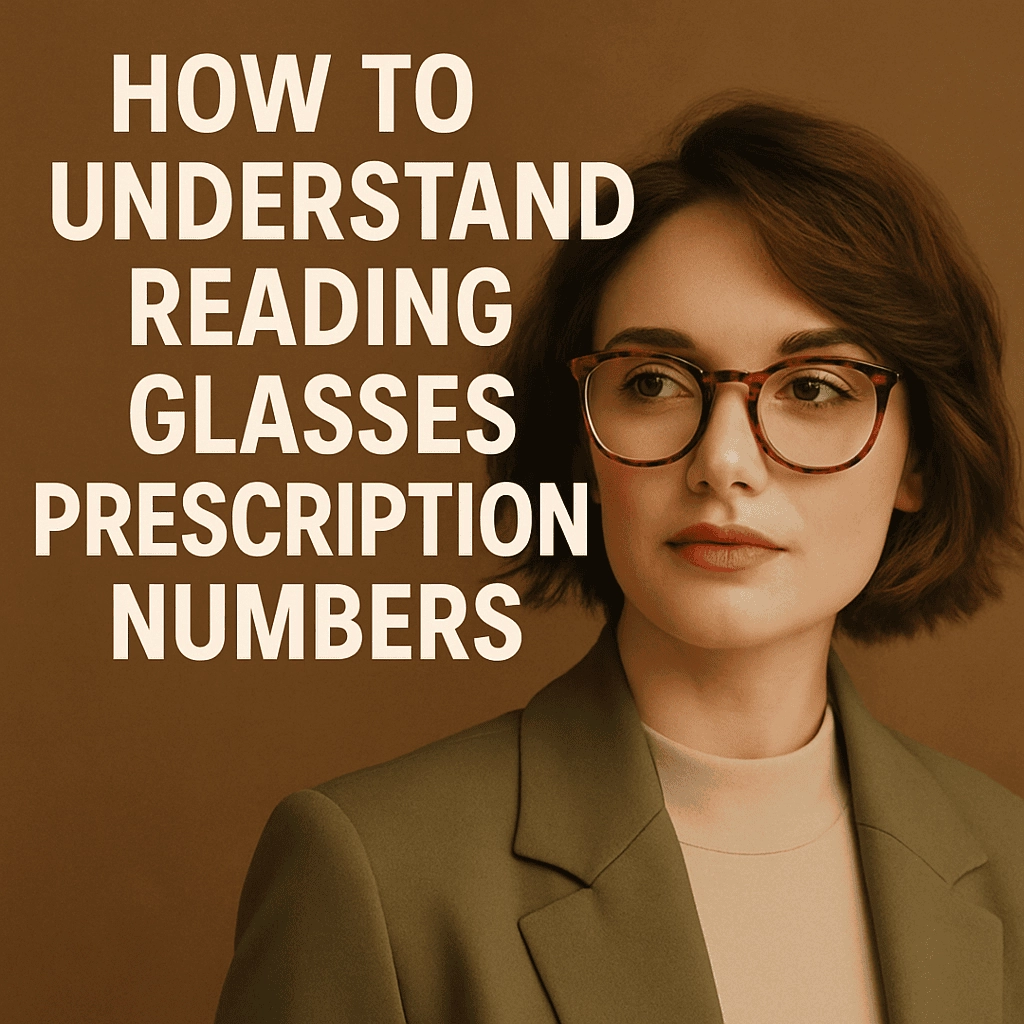 A stylish young woman with soft brown hair and tortoiseshell reading glasses looks thoughtfully to the side. She wears a beige turtleneck and an olive green blazer, standing against a warm brown background. Bold white text on the left reads: “How to Understand Reading Glasses Prescription Numbers.”