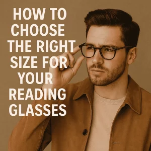 A fashionable young man with a neatly trimmed beard and styled dark hair adjusts his brown tortoiseshell reading glasses with a focused expression. He wears a camel suede jacket over a beige sweater, standing against a warm tan background. Bold white text on the left reads: “How to Choose the Right Size for Your Reading Glasses.”