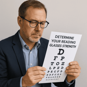 A middle-aged man wearing glasses and a navy blazer holds a handheld vision chart titled “Determine Your Reading Glasses Strength” at eye level, studying the printed letter rows against a softly lit neutral background.