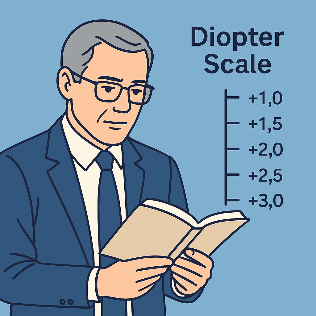A professional middle-aged man in a navy suit and glasses reads a book while a diopter scale diagram beside him shows lens strengths from +1.0 to +3.0, illustrating how reading glasses power is measured.