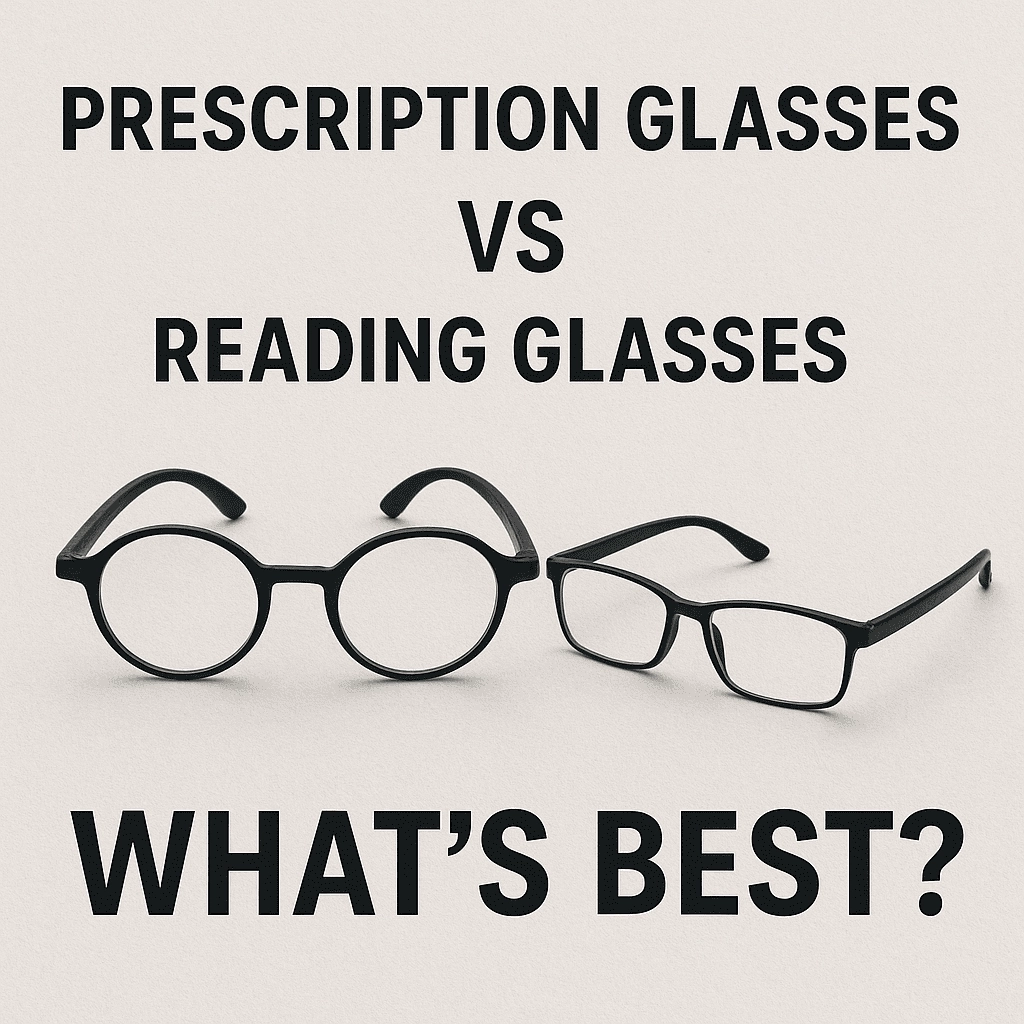 A comparison graphic featuring two pairs of glasses on a light beige background. On the left are round prescription glasses, and on the right are rectangular reading glasses. Bold black text above the glasses reads “PRESCRIPTION GLASSES VS READING GLASSES,” and below them, the question “WHAT’S BEST?” is prominently displayed.