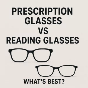 A comparison graphic featuring two pairs of glasses on a neutral background. The top half shows bold black text reading “PRESCRIPTION GLASSES VS READING GLASSES.” Below, two minimalist illustrations represent each type of eyewear. At the bottom, large text asks “WHAT’S BEST?” to highlight the central question of the comparison.