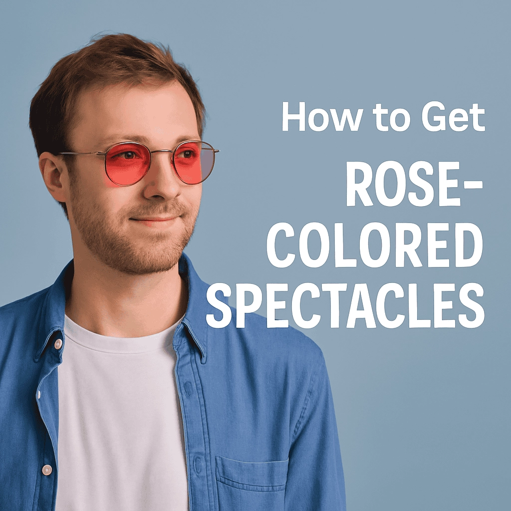 A young Caucasian man in his twenties or thirties, wearing rose-colored glasses and a light blue casual shirt, standing against a soft light blue background. Bold white text beside him reads 'How to Get ROSE-COLORED SPECTACLES.'