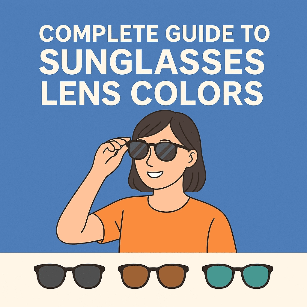 A 2D digital illustration featuring a young woman with short brown hair, smiling while holding sunglasses and choosing from three pairs of sunglasses with different lens colors (black, brown, and green). The text 'COMPLETE GUIDE TO SUNGLASSES LENS COLORS' is displayed in bold white letters against a textured blue background.