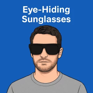 A close-up illustration of a young Caucasian man wearing dark sunglasses, a casual gray T-shirt, and a structured beard. The background is a solid medium blue, with the text 'Eye-Hiding Sunglasses' in bold white letters above him.