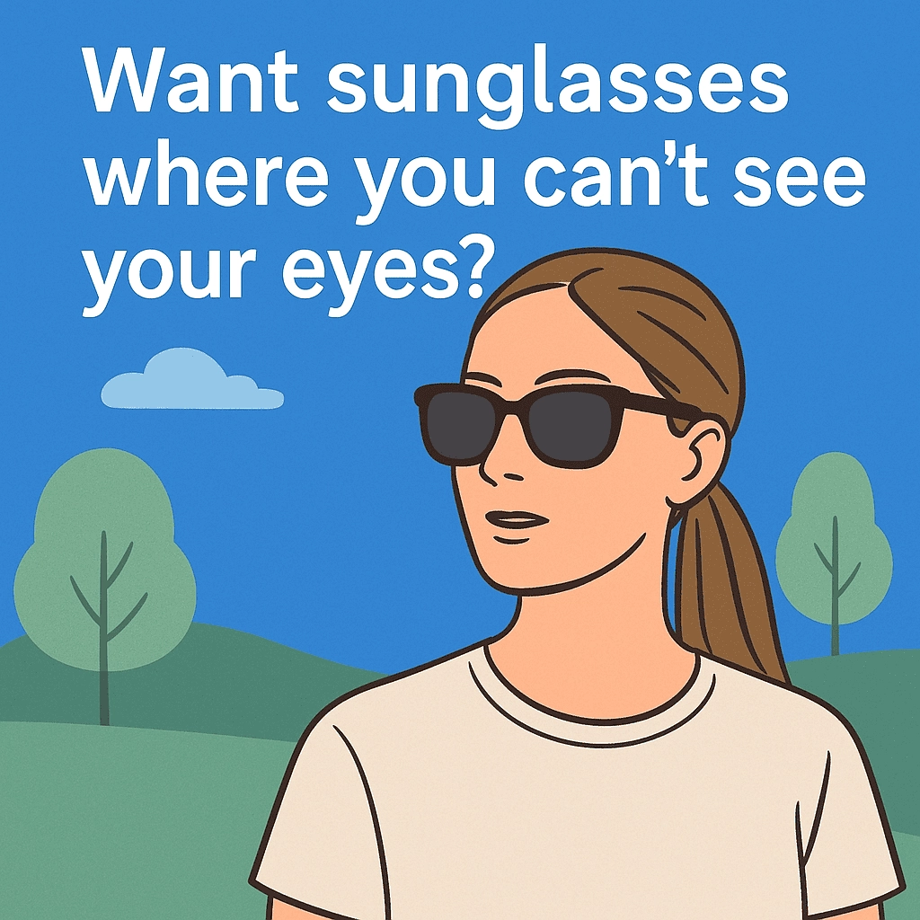 A digital illustration of a young woman outdoors, wearing dark, oversized sunglasses that obscure her eyes. She has light brown hair tied in a low ponytail and a neutral expression. The background features a simple, bright blue sky with a few clouds and minimal landscape elements. The text above reads, 'Want sunglasses where you can’t see your eyes?'