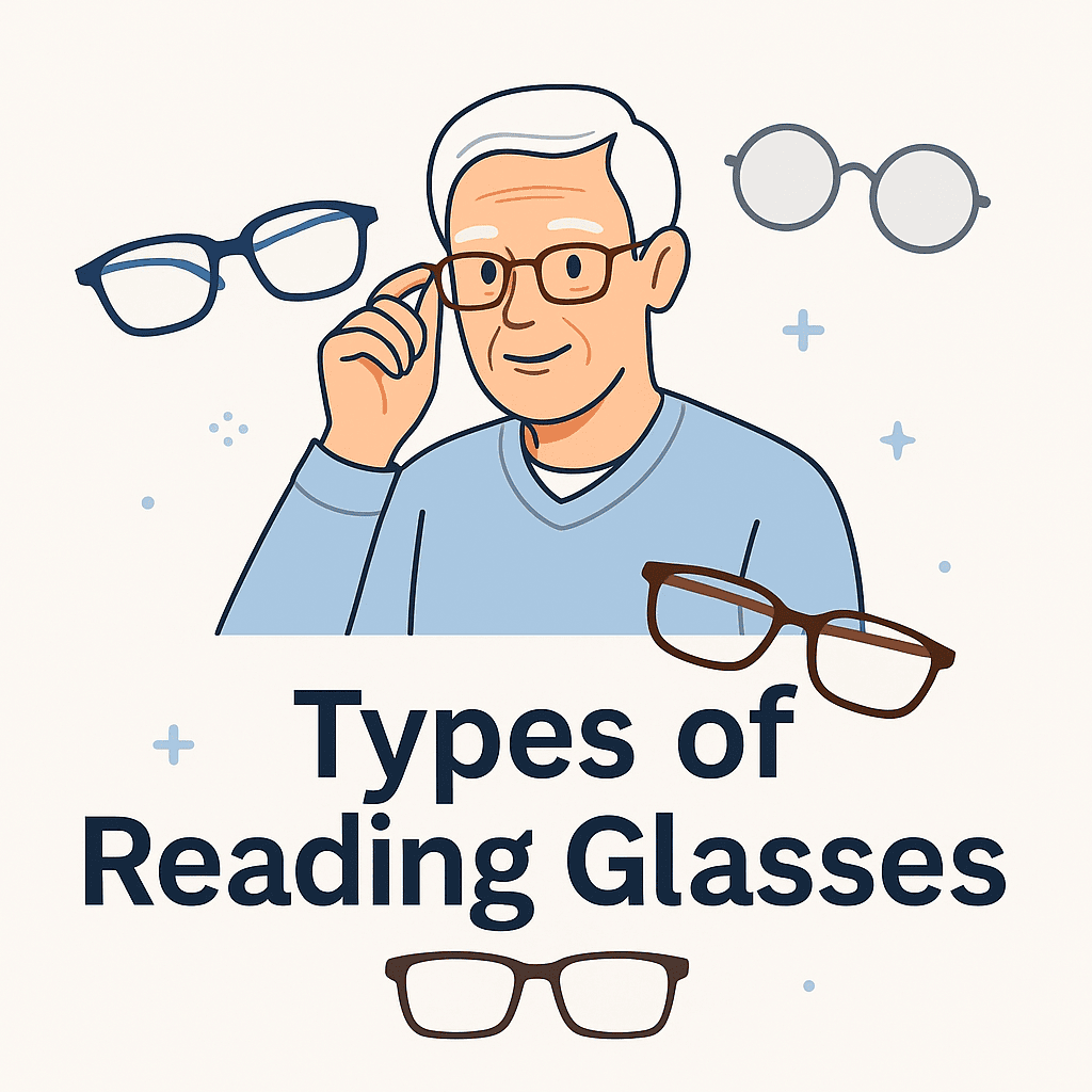 An illustrated elderly man with white hair and glasses is smiling while holding a pair of reading glasses. Surrounding him are different styles of eyeglass frames in blue, gray, and brown. Below him, bold text reads "Types of Reading Glasses" on a light background with subtle abstract elements.