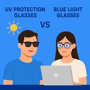 A digital illustration comparing UV protection glasses and blue light glasses. On the left, a man is wearing dark sunglasses with a sun symbol behind him, representing UV protection glasses. On the right, a woman is wearing transparent blue light glasses while looking at a laptop, symbolizing blue light glasses. The 'VS' text is placed at the center, highlighting the comparison between the two types of eyewear.