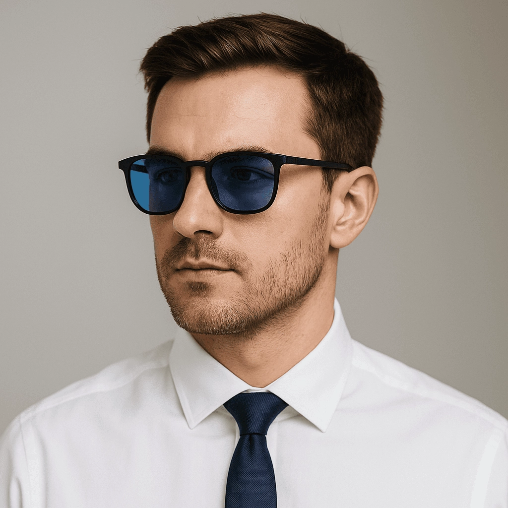 A close-up portrait of a professional man wearing black-framed sunglasses with gradient blue lenses, dressed in a white dress shirt and navy tie against a neutral gray background.
