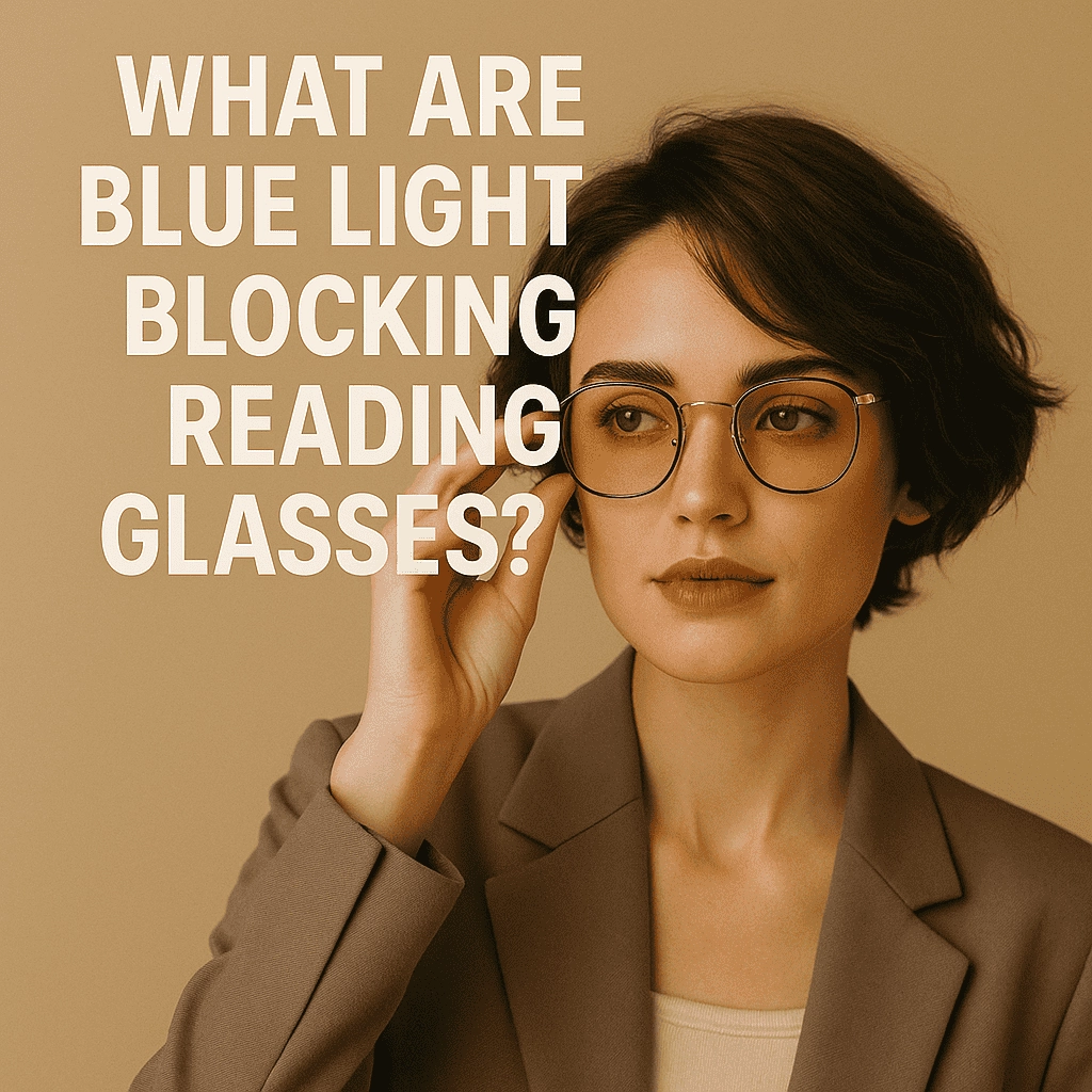 A stylish young woman with short brown hair wears yellow-tinted blue light blocking reading glasses. She is dressed in a taupe blazer over a cream top and gently adjusts her glasses while looking confidently ahead. The background is a warm beige color, and large white text on the left reads: “What Are Blue Light Blocking Reading Glasses?”