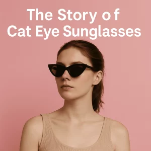 A young woman with fair skin and auburn hair wears bold black cat eye sunglasses, standing confidently against a soft pink background. She is dressed in a nude-colored tank top, and the text "The Story of Cat Eye Sunglasses" is displayed above her head in white font.