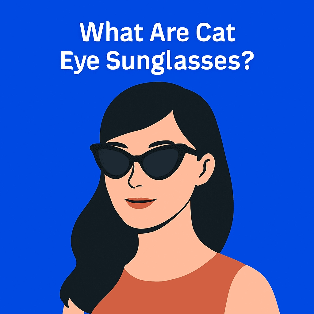 A digital illustration of a young woman with long dark hair wearing black cat eye sunglasses and a sleeveless terracotta top. She is set against a solid blue background, with the text "What Are Cat Eye Sunglasses?" displayed in bold white letters above her head.