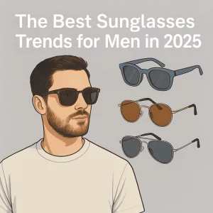 A stylish young man with light skin, neatly groomed beard, and short brown hair is wearing a white t-shirt and dark green sunglasses. He is facing slightly to the right with a confident expression. On the right side of the image, three additional pairs of sunglasses are displayed: a blue Wayfarer-style pair, a gold-rimmed round pair with amber lenses, and a classic silver aviator pair with dark lenses. The text above reads “The Best Sunglasses Trends for Men in 2025” in bold white font against a neutral gray background.