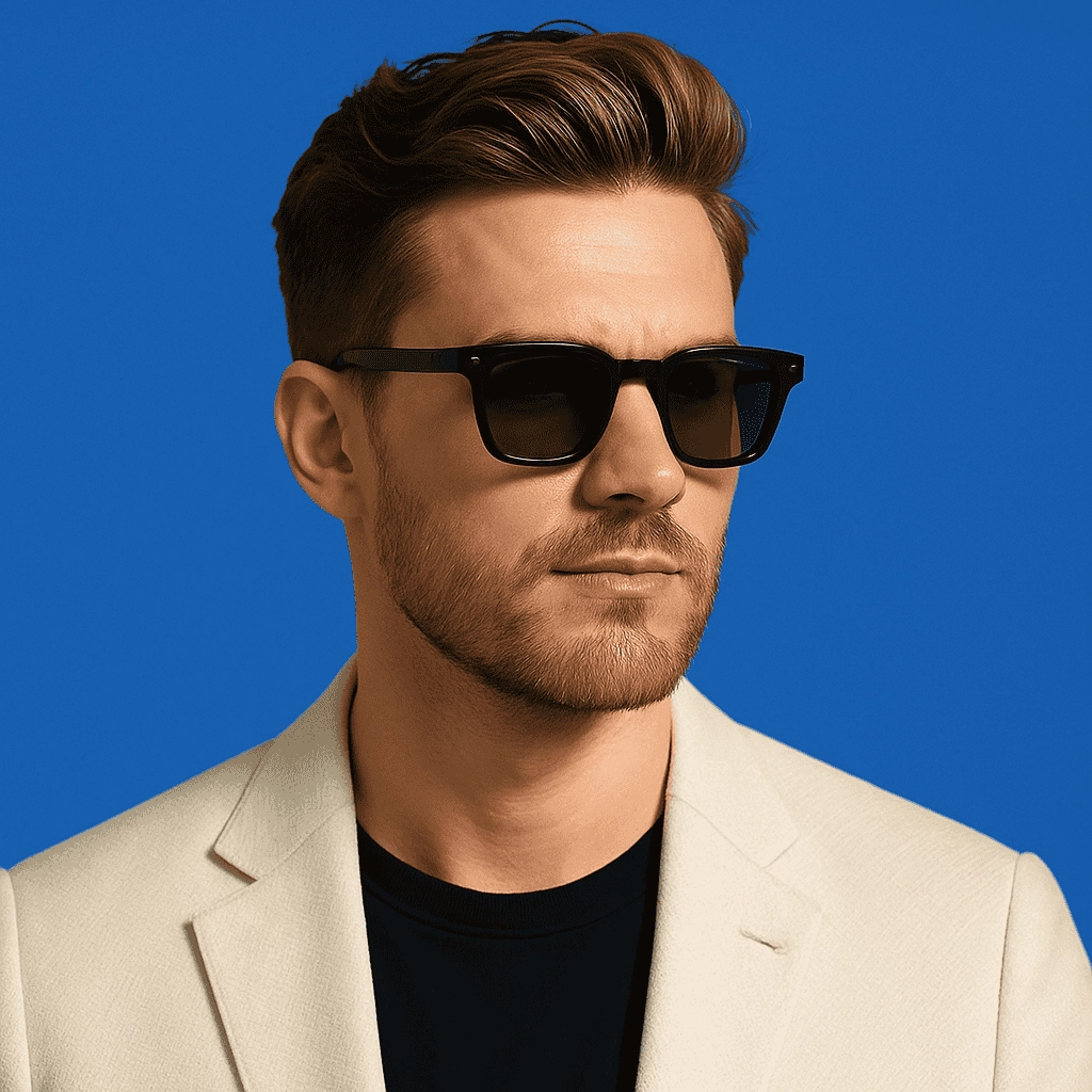 A confident young man with neatly styled brown hair and a trimmed beard wears bold black sunglasses and a cream blazer over a black shirt. He stands against a vibrant blue background, giving the image a clean, modern, and fashion-forward look suitable for promoting men's sunglasses trends.