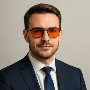 A confident professional man in his mid-30s wearing orange-tinted aviator sunglasses, a navy blue suit, and a subtle smile against a soft neutral background.