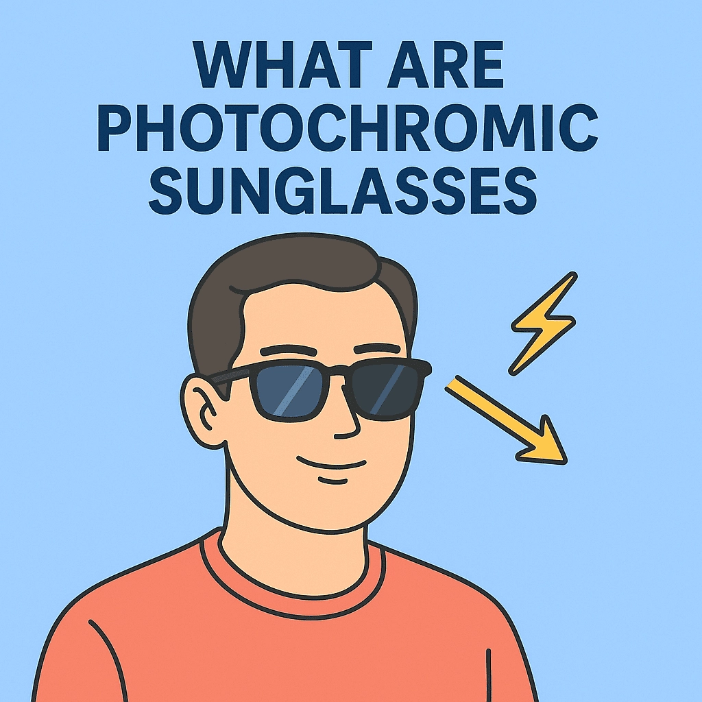 The image features a digital illustration of a light-skinned Caucasian man wearing photochromic sunglasses and a salmon-colored crewneck shirt. The man is smiling, and a yellow lightning bolt points to the lenses, emphasizing their ability to change tint in response to light. The text "WHAT ARE PHOTOCHROMIC SUNGLASSES" is displayed above him in bold, dark blue font on a light blue background.