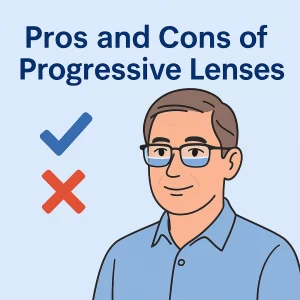 A digital graphic titled 'Pros and Cons of Progressive Lenses' featuring a middle-aged man wearing progressive lenses. The image includes a blue checkmark symbol and a red 'X' symbol on a soft blue background, visually representing the pros and cons of progressive lenses.