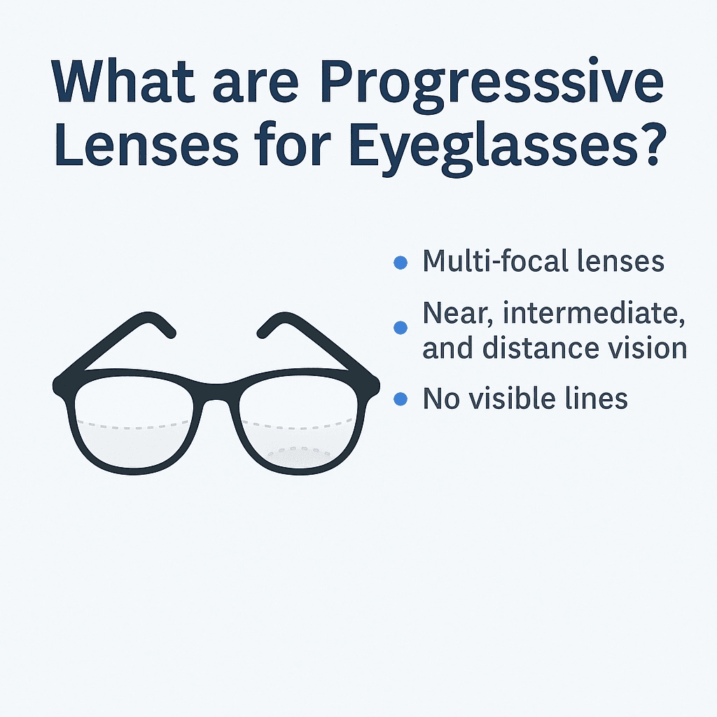 A 2D digital graphic titled 'What Are Progressive Lenses for Eyeglasses?' featuring a minimalist illustration of a pair of black eyeglasses with progressive lenses. The image highlights the near, intermediate, and distance vision areas within the lenses, accompanied by three bullet points: 'Multi-focal lenses,' 'Near, intermediate, and distance vision,' and 'No visible lines.