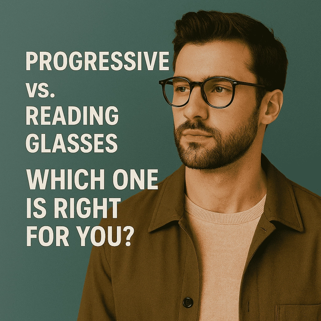 A stylish young man with neatly styled dark hair and a well-groomed beard wears black-framed glasses, a beige sweater, and an olive-green jacket. He looks slightly to the side with a thoughtful expression. The background is a muted teal color. Bold white text on the left reads: “Progressive vs. Reading Glasses – Which One Is Right for You?”
